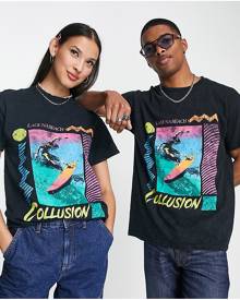 COLLUSION Unisex t-shirt with surf print in black