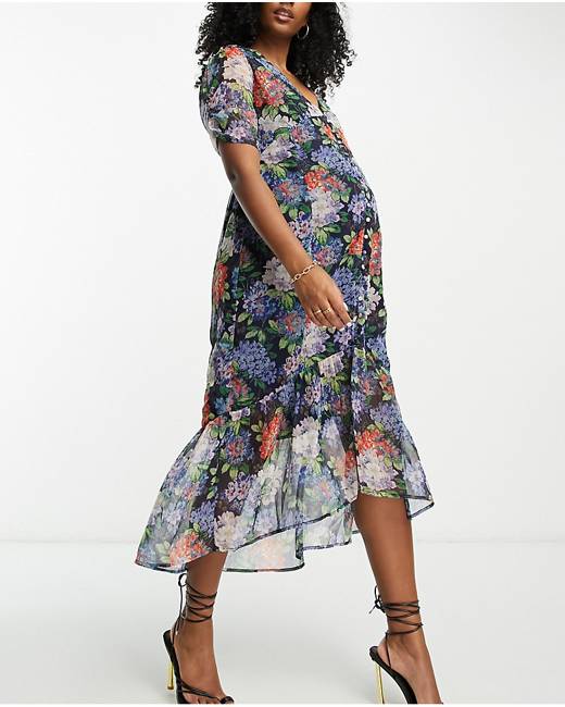 Hope & Ivy Maternity embroidered plunge flutter sleeve midi dress in sage
