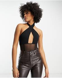 ASOS Tall ASOS DESIGN Tall cross over neck mesh corset bodysuit in black