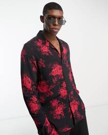 ASOS DESIGN revere shirt red floral print-Black