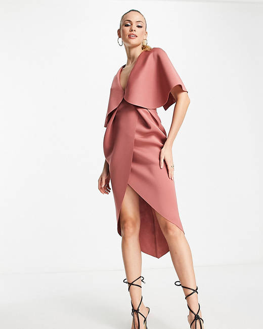 ASOS DESIGN Bridesmaid ruched bodice drape maxi dress with wrap waist and  flutter cape sleeve in berry, ASOS