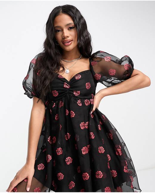 Lace & Beads Plus exclusive puff sleeve babydoll mini dress in
