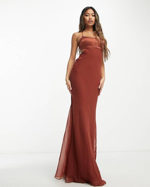 ASOS DESIGN sleeveless maxi dress with cut out front in brown