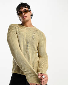 Reclaimed Vintage knit sweater with stitch detail and distressing in stone-Neutral