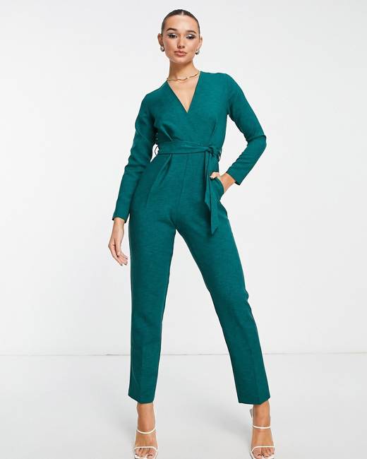 Closet London Petite velvet wrap jumpsuit in red