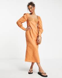 Charlie Holiday Sienna fitted bodice midi dress in mocha-Orange