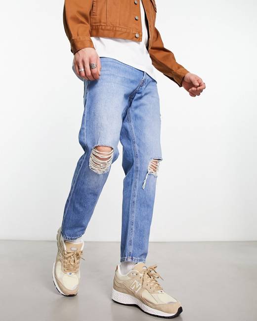 DTT rigid cropped tapered fit ripped jeans in vintage dark blue