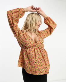 ASOS Maternity ASOS DESIGN Maternity v neck volume sleeve top with peplum hem in mustard print-Yellow