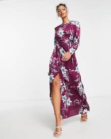 Liquorish satin modest maxi dress in wine placement floral-Red