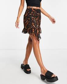 Topshop asymmetric animal print ruffle mini skirt in brown