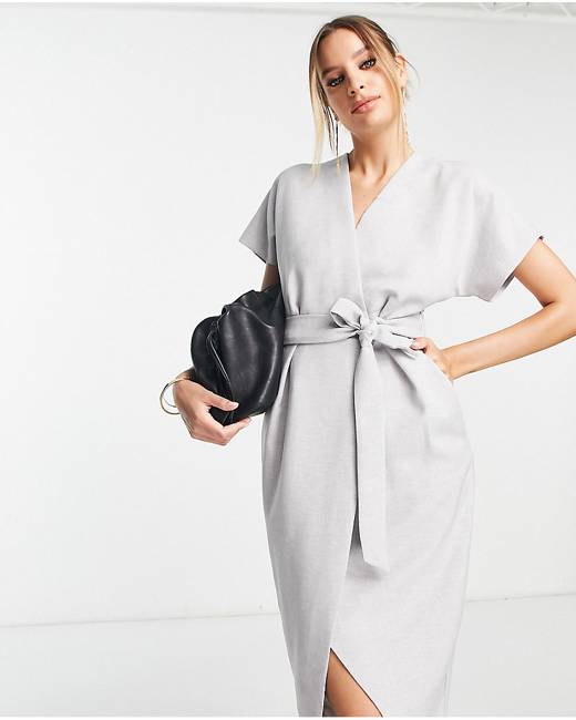 ASOS DESIGN Curve supersoft ribbed long sleeve maxi dress with collar in  gray spacedye