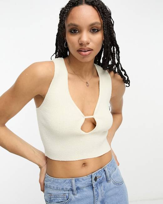 ASOS DESIGN Fuller Bust strappy asymmetric cut out crop top in white