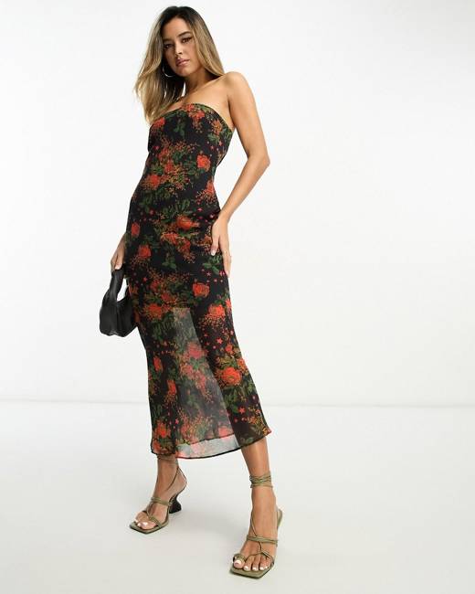 Pretty Lavish Curve ruched bandeau midaxi dress in micro brown floral