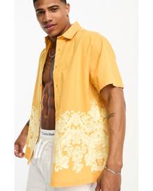 ASOS DESIGN relaxed camp collar linen mix shirt in yellow with printed border