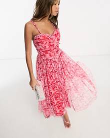 Lace & Beads corset tulle midi dress in pink and red floral