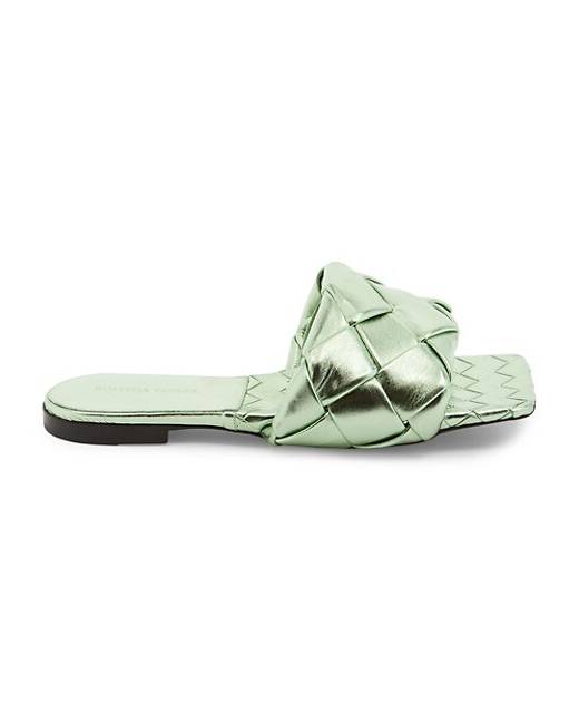 slides and flip flops Leather sandals Bottega Veneta Quilted Dark Green Leather Sandals for Men Mens Shoes Sandals 
