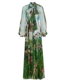 Oscar de la Renta Botanical-Print Tie-Neck Maxi Dress