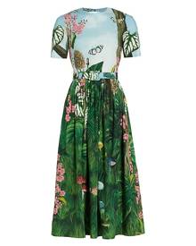 Oscar de la Renta Belted Botanical-Print Midi-Dress