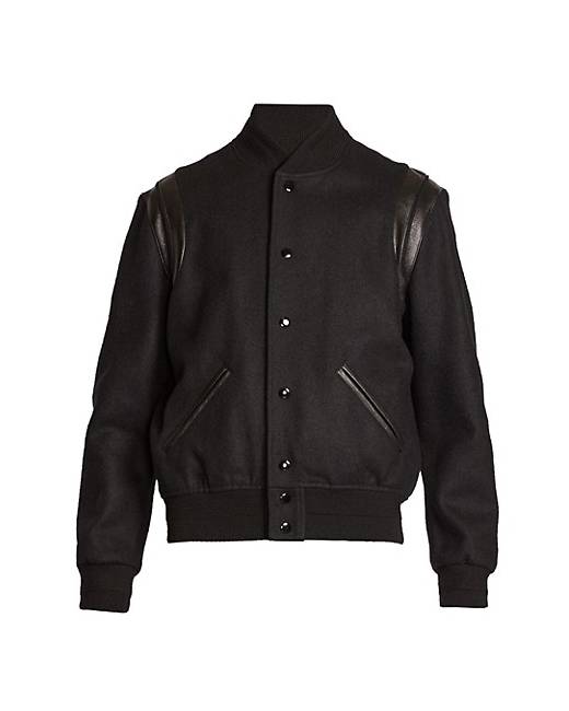 SAINT LAURENT Teddy leather-trimmed recycled wool-blend bomber