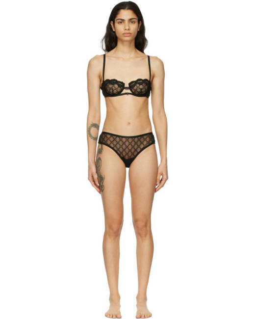 Gucci Gg Embroidered Sheer Tulle Lingerie Set - Black