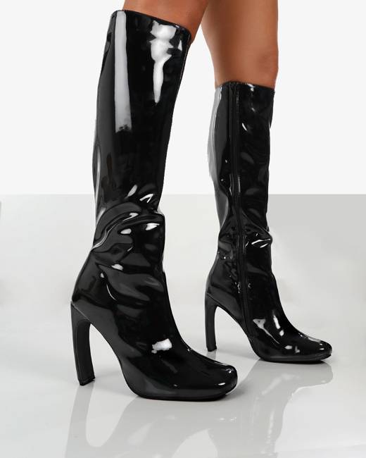 caryn black vinyl block heeled knee high boots