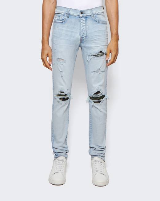 Amiri Blue Distressed Denim Patch Applique Detailed Slim Fit Jeans M Amiri