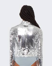 Brandon Maxwell Long Sleeve Sequin Bodysuit Silver