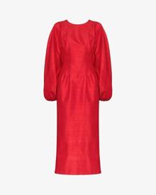 Rasario Womens Red Pouf Sleeve Silk Midi Dress