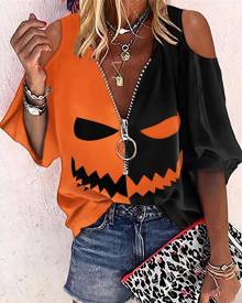 boutiquefeel Halloween Graphic Print Colorblock Cold Shoulder Top