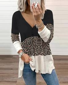 boutiquefeel Contrast Leopard Colorblock Long Sleeve Top