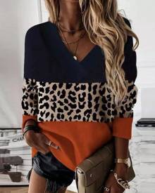 boutiquefeel Contrast Leopard Colorblock Long Sleeve Top