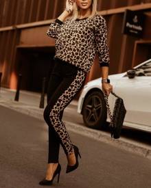 boutiquefeel Leopard Print Long Sleeve Casual Top & Pants Set
