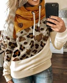 boutiquefeel Lantern Sleeve Colorblock Leopard Print Hooded Top