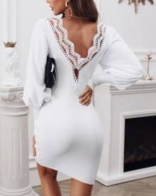 boutiquefeel Lace Trim Backless Ribbed Sweater Dress