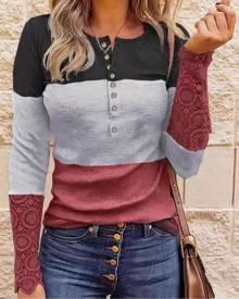 boutiquefeel Colorblock Contrast Lace Long Sleeve Top