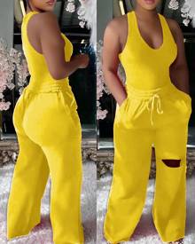 boutiquefeel U-Neck Bodysuit & Drawstring Cutout Wide Leg Pants Set