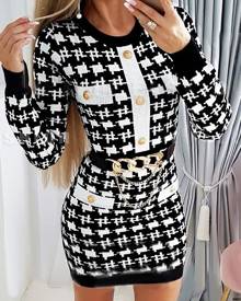 boutiquefeel Houndstooth Pattern Long Sleeve Bodycon Dress
