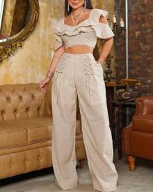 boutiquefeel Striped Ruffle Hem Crop Top & Straight Leg Pants Set