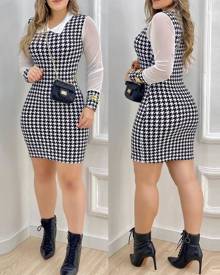 boutiquefeel Houndstooth Print Sheer Mesh Casual Dress