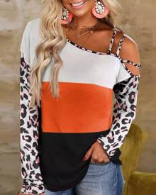 boutiquefeel Colorblock Contrast Leopard Cold Shoulder Top