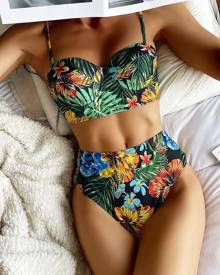 boutiquefeel Tropical Print Spaghetti Strap Bikini Set