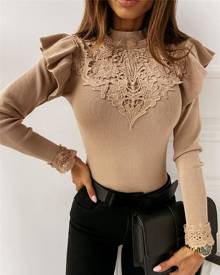 boutiquefeel Ruffles Long Sleeve Guipure Lace Skinny Top