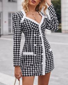 boutiquefeel Houndstooth Button Decor Padded Shoulder Blazer Dress