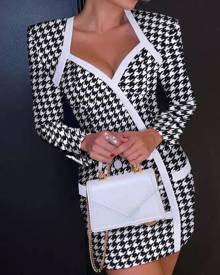 boutiquefeel Houndstooth Button Decor Padded Shoulder Blazer Dress