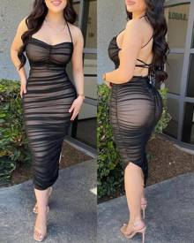boutiquefeel Crisscross Backless Ruched Sheer Mesh Bodycon Dress