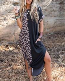 boutiquefeel Leopard Patchwork Curved Hem Casual Dress