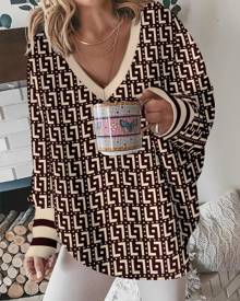 boutiquefeel Geometric Print Striped V-Neck Top