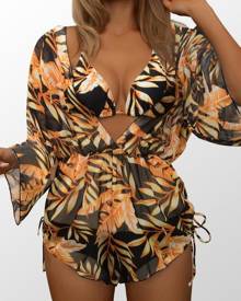 boutiquefeel 3PCS Tropical Print Halter Bikini Set With Cover Up