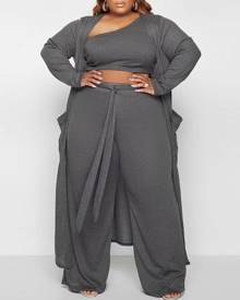 boutiquefeel Plus Size One Shoulder Crop Top & Drawstring Pants Set With Longline Coat