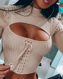 boutiquefeel Eyelet Lace-up Cutout Knit Crop Top